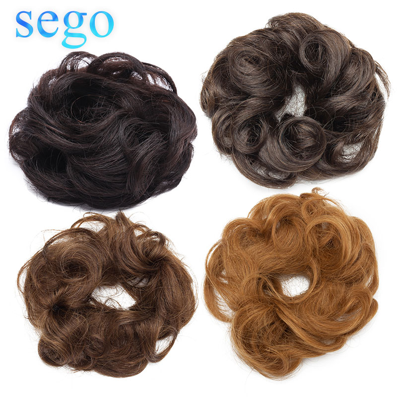 SEGO 23g 100% 진짜 인간의 머리 곱슬 Chignon 헤어 피스 여성을위한 자연 색상 비-레미 도넛 확장 Ponytails 브라질 머리카락